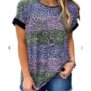 Purple Green Blue Leopard Print Patchwork T-Shirt